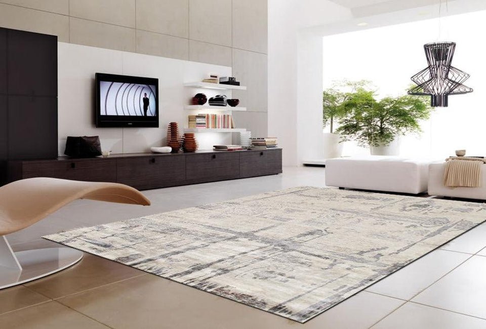 Modern living room with a rug, TV, and decor items.