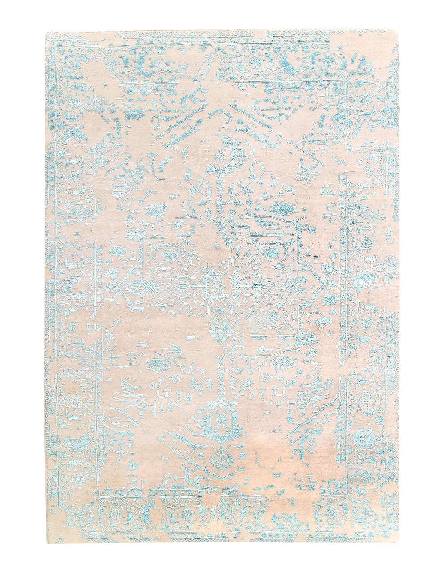 Textured area rug with a pattern in pastel colors on a white background