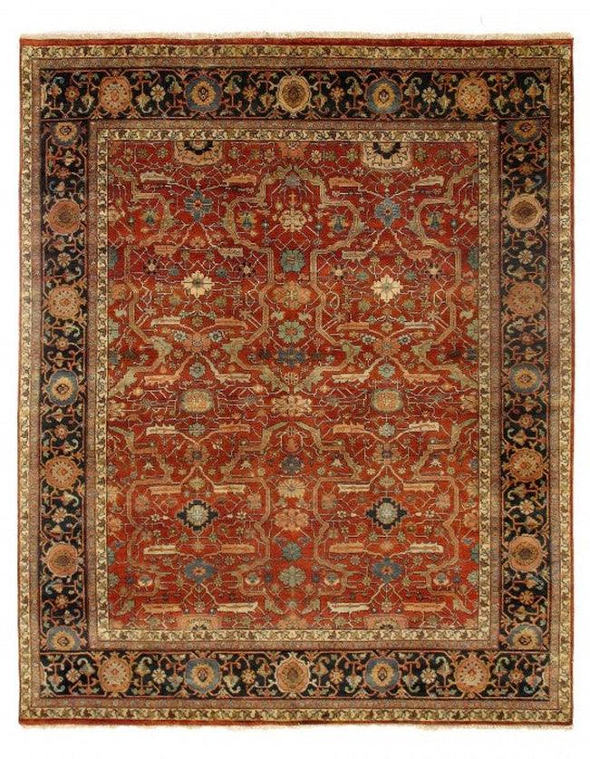 Decorative rug with intricate patterns in red, black, and gold on a plain background
