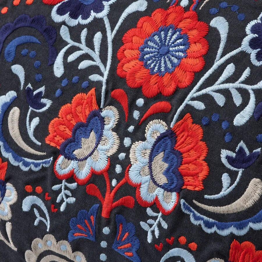 Close-up of embroidered floral pattern with red, blue, and beige colors on a dark background.