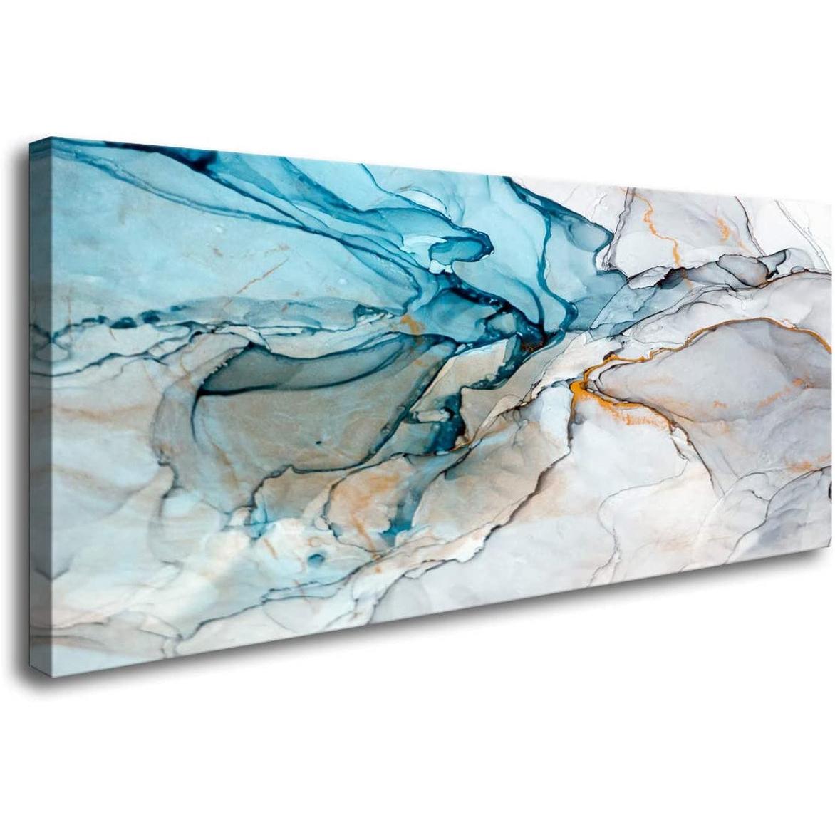 Abstract artwork with blue and beige colors on a white background