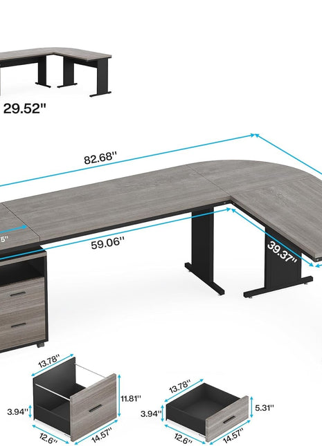 83 Inch L-Shaped Office Desk, Large Executive Computer Desk with 3-Drawer File Cabinet, Industrial Corner Desk with Storage Drawers, Business Furniture Work Desk for Home Office (Gray)-1