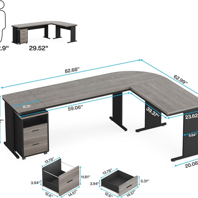 83 Inch L-Shaped Office Desk, Large Executive Computer Desk with 3-Drawer File Cabinet, Industrial Corner Desk with Storage Drawers, Business Furniture Work Desk for Home Office (Gray)-1