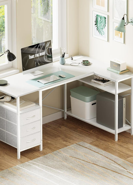 L Shaped Desk with Power Outlets, Computer Desk with 3 Drawers, 47 Inch Office Desk with Shelves, Gaming Desk, Corner Desk Work Desk for Home Office, Study, White-1