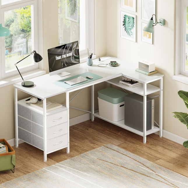 L Shaped Desk with Power Outlets, Computer Desk with 3 Drawers, 47 Inch Office Desk with Shelves, Gaming Desk, Corner Desk Work Desk for Home Office, Study, White-1