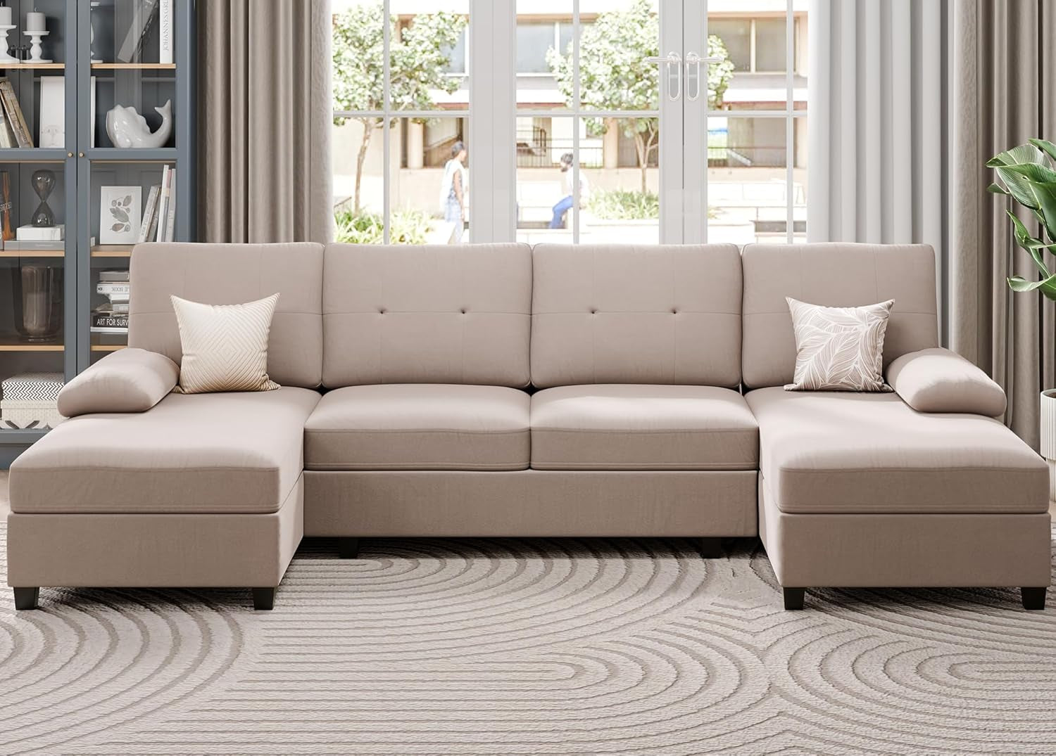 Dark Beige U Shaped Sectional Sofa With Chaise 4 Seats-3