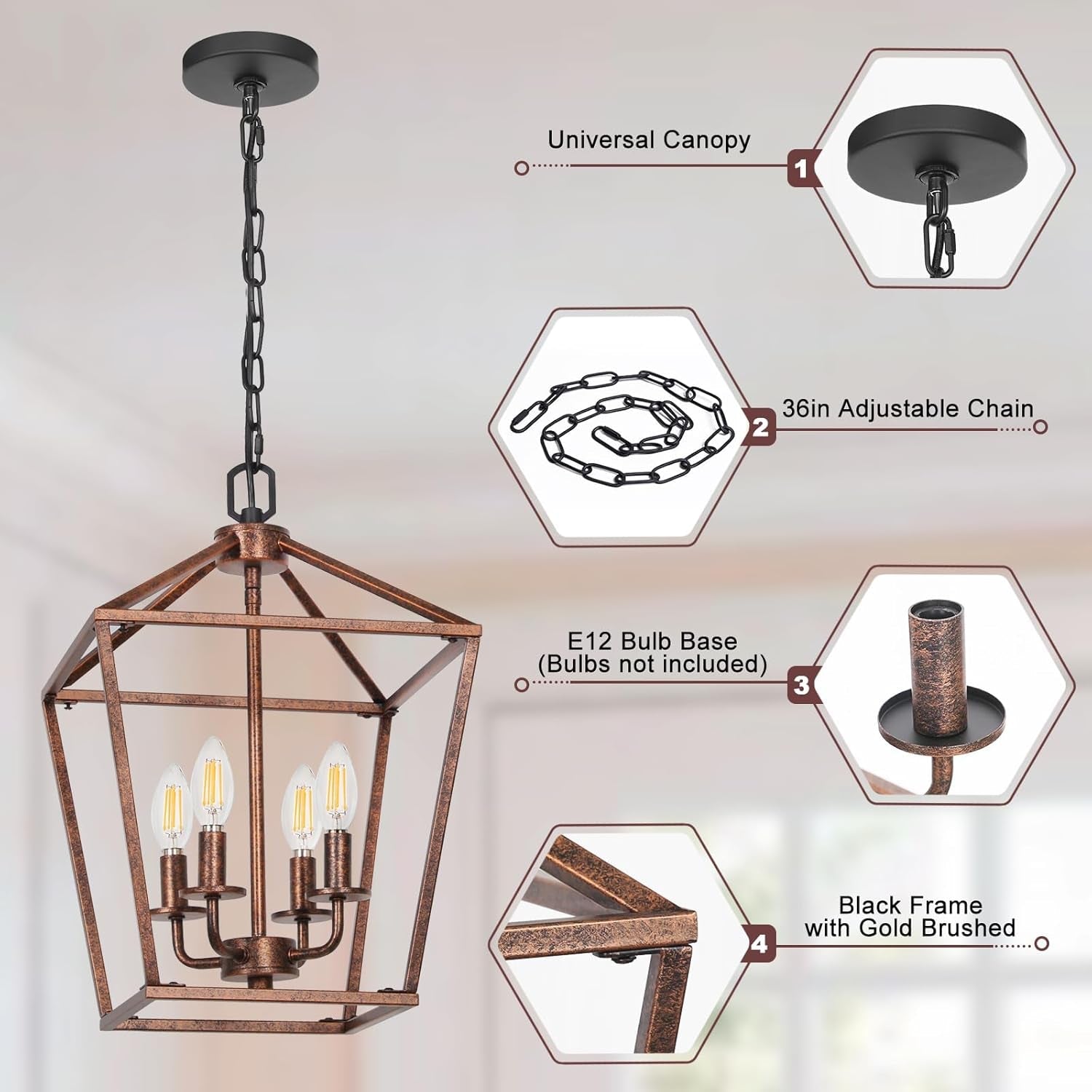 Bronze pendant light with adjustable chain and black frame on a neutral background