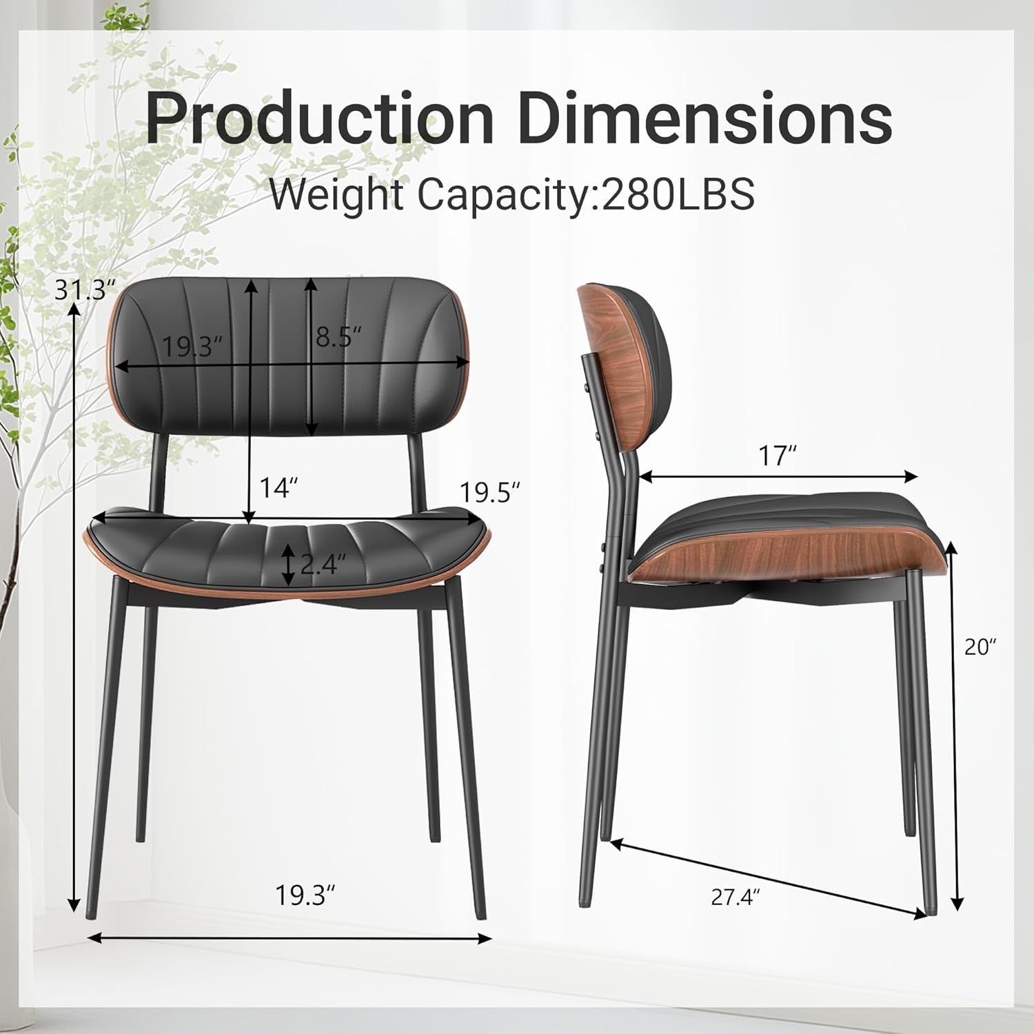Two modern chairs with black seats and wooden backrests in a room with a table and decor.