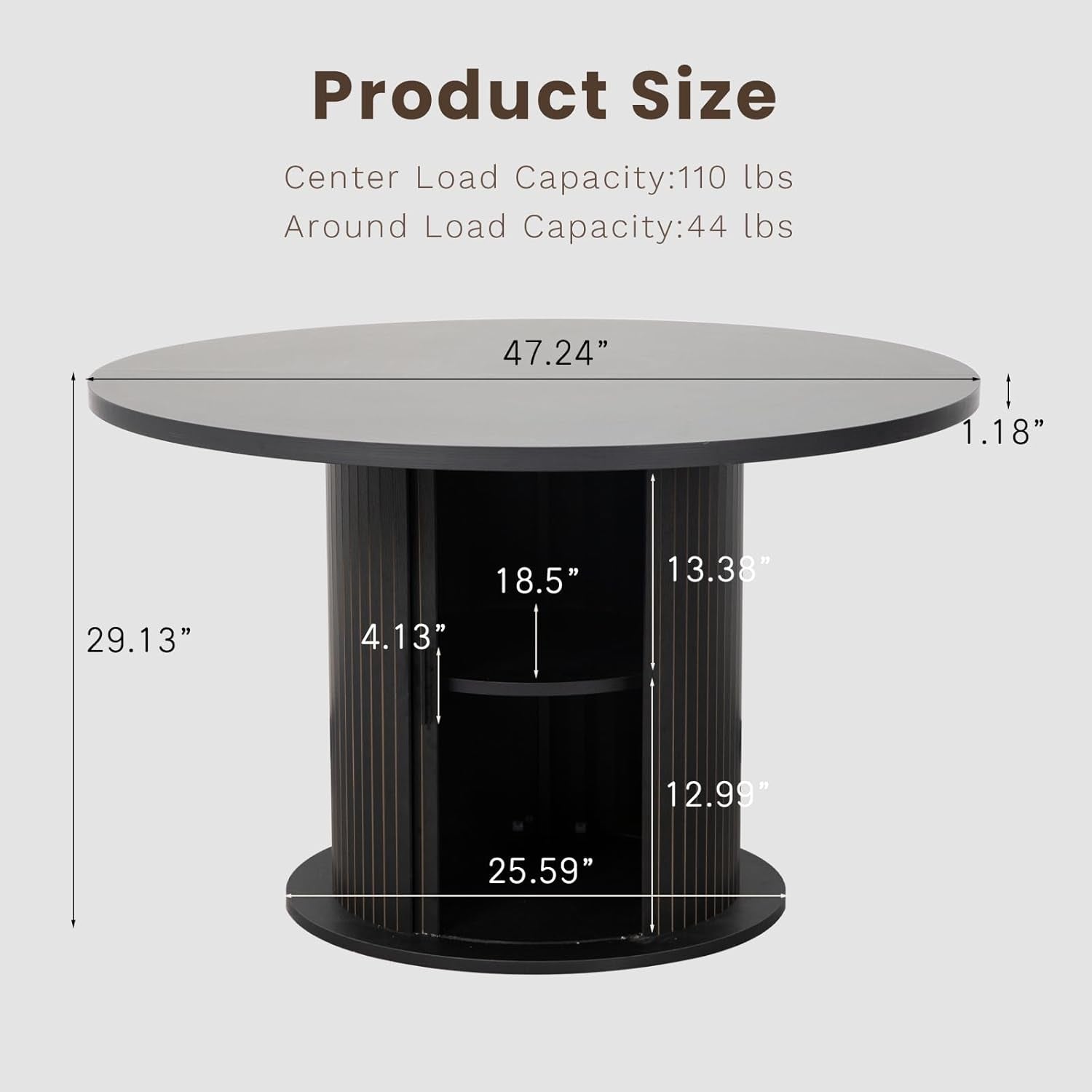 Round table with dimensions and load capacity information on a white background