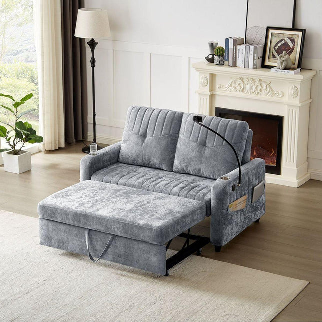 53.9" Modern Loveseat Pull-out Sofa Bed with Adjustable Backrest, Two Cup Holders , a Phone Holder, Three Charging Ports and Side Storage Pockets for Living Room, Grey-0