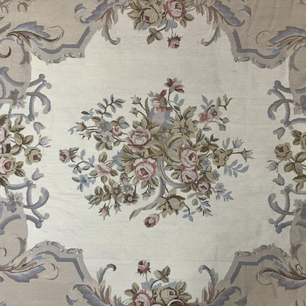 Aubusson Needlepoint Rug 9x12, VIntage Handmade Wool Beige Floral European Elegant Rug 9 x 12, Floral Roses-3
