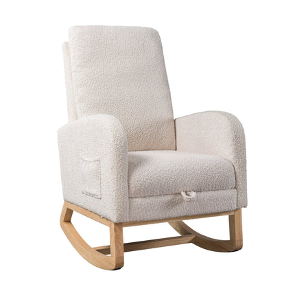 25.4'W Ivory Rocking Chair for Nursery, High Back Glider with Retractable Footrest, Boucle Upholstery, Rubber Wood Legs-0