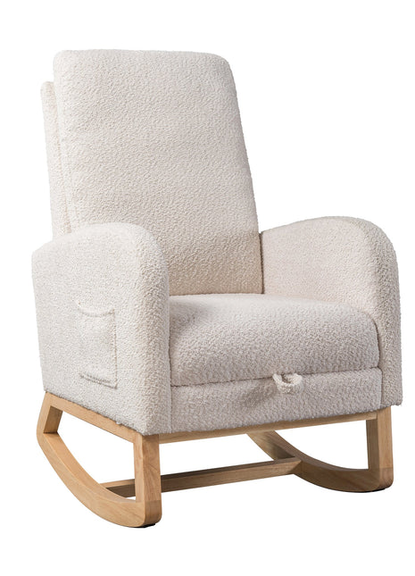 25.4'W Ivory Rocking Chair for Nursery, High Back Glider with Retractable Footrest, Boucle Upholstery, Rubber Wood Legs-0