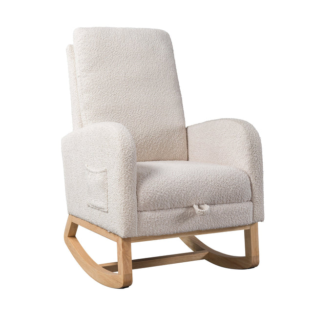 25.4'W Ivory Rocking Chair for Nursery, High Back Glider with Retractable Footrest, Boucle Upholstery, Rubber Wood Legs-0