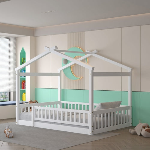 Wood Bed House Bed Frame with Fence, for Kids, Teens, Girls, Boys