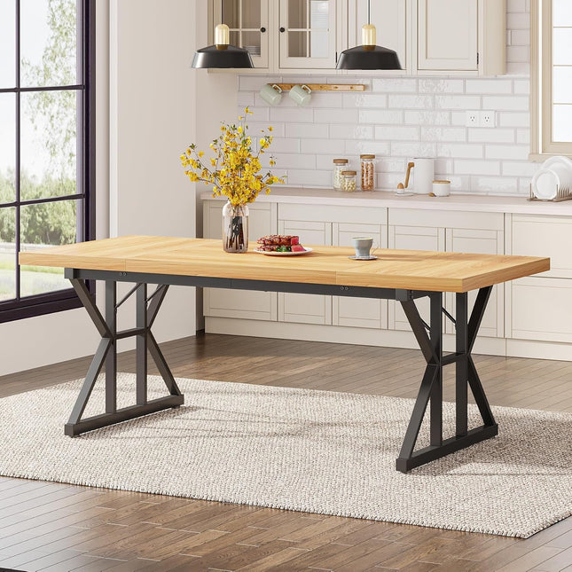 Wooden dining table with black metal legs in a kitchen setting