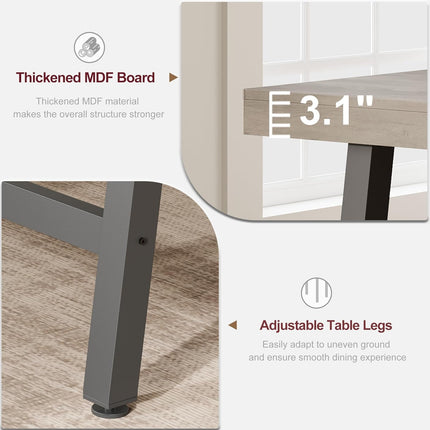 Wooden dining table with highlighted features on a white background