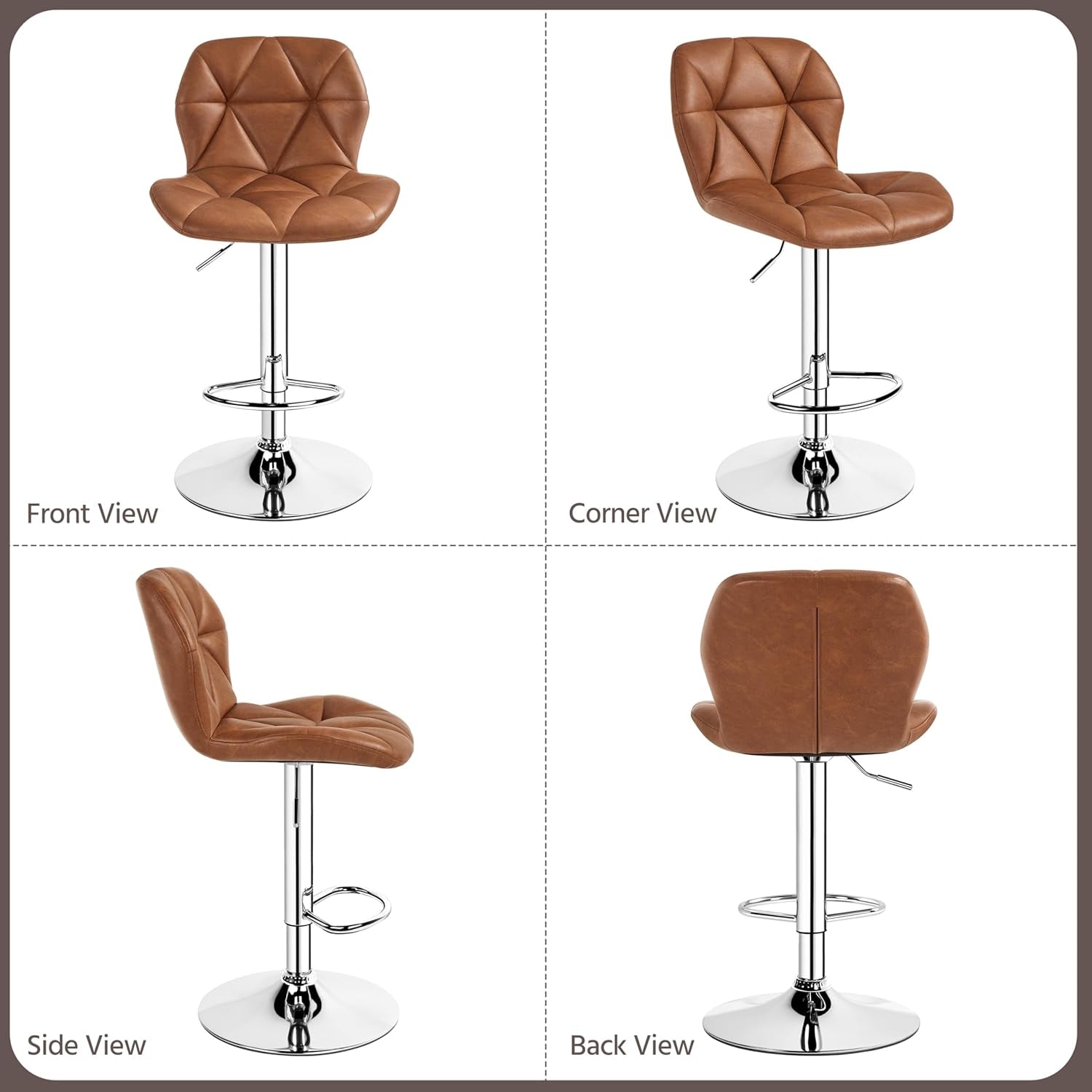 Brown bar stool shown from multiple angles on a white background