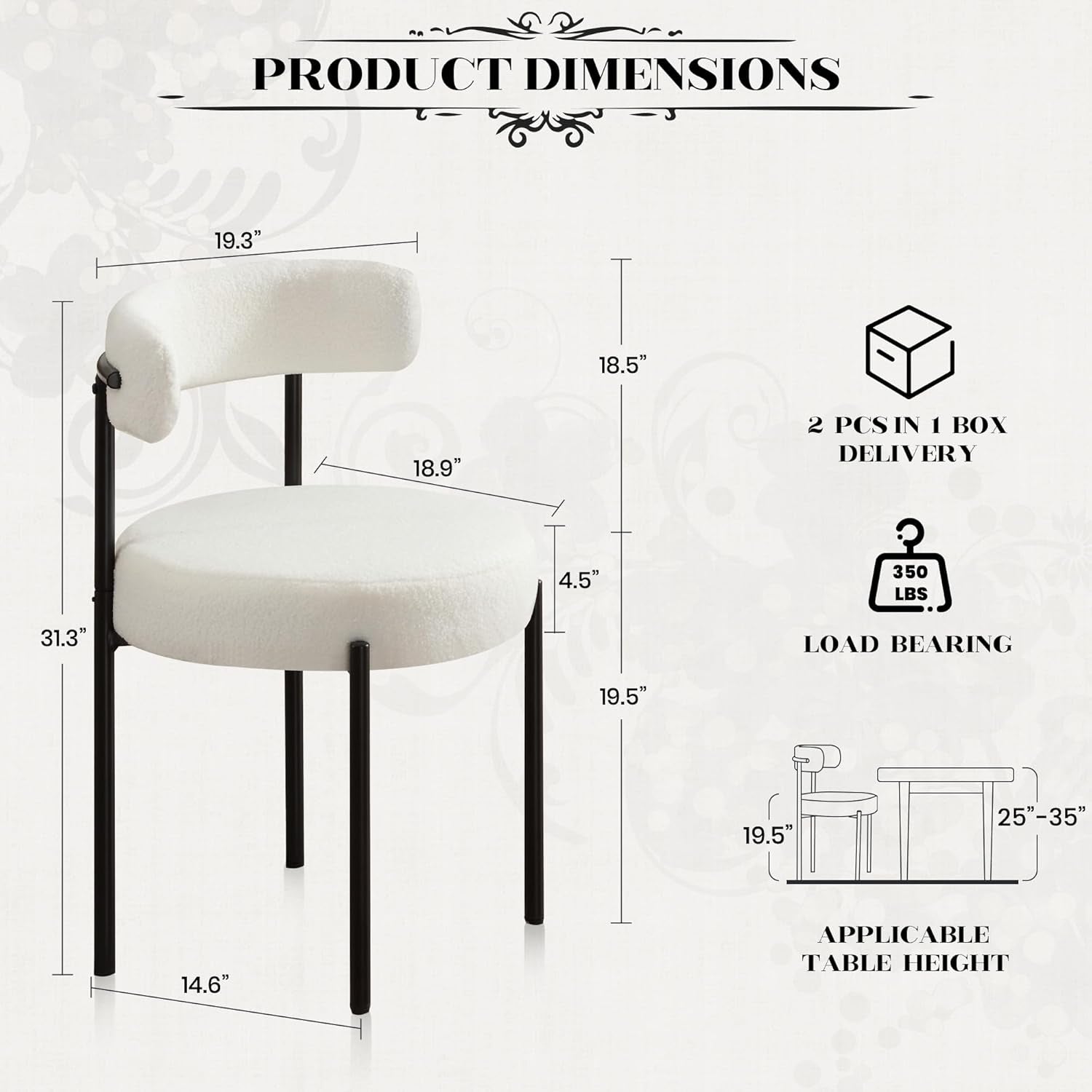 Dining Chairs Set of 4, White Boucle Dining Chair with Curved Backrest, round Thicken Upholstered Dining Chairs for Kitchen & Dining Room, Mid Century Modern Dining Chairs Sturdy and Comfy-1