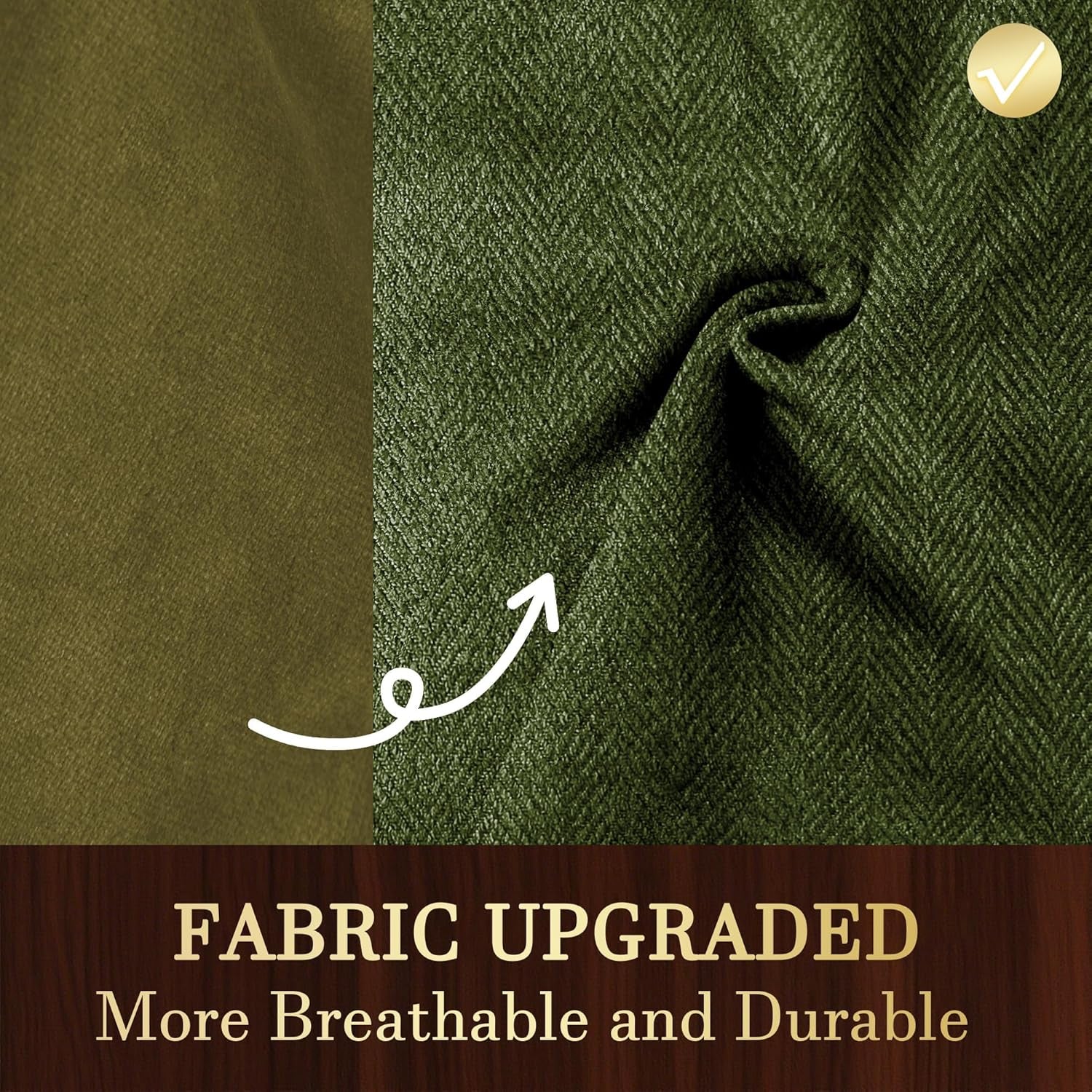 Textured green fabric with a checkmark icon and text 'Fabric Upgraded: More Breathable and Durable' on a brown background.