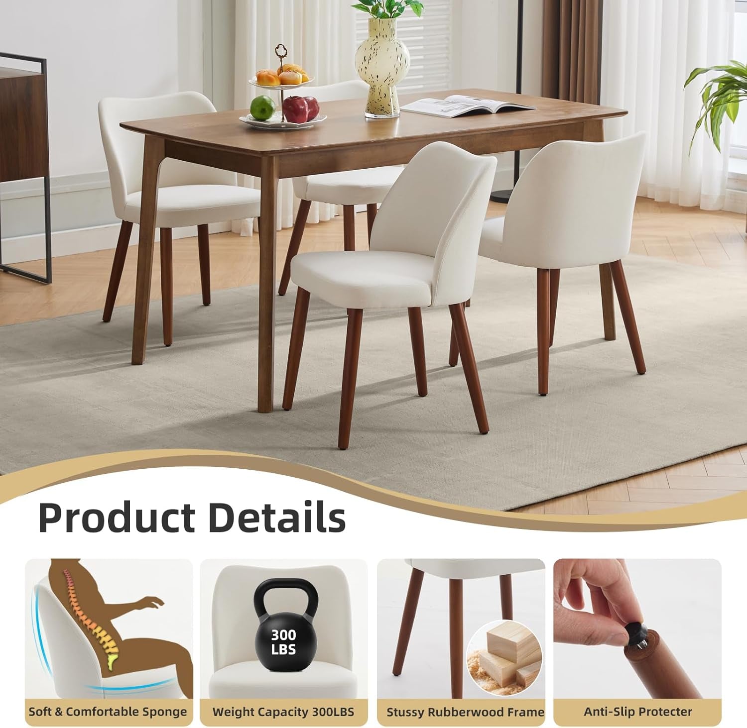 Dining table with chairs in a room setting, featuring product details at the bottom.