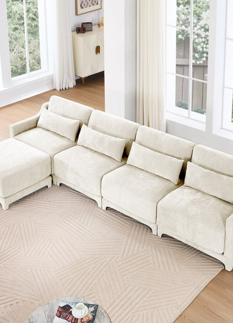 Elegant Four-Seater Sofa with Movable Ottoman in White Chenille Fabric and Ergonomic Design-1