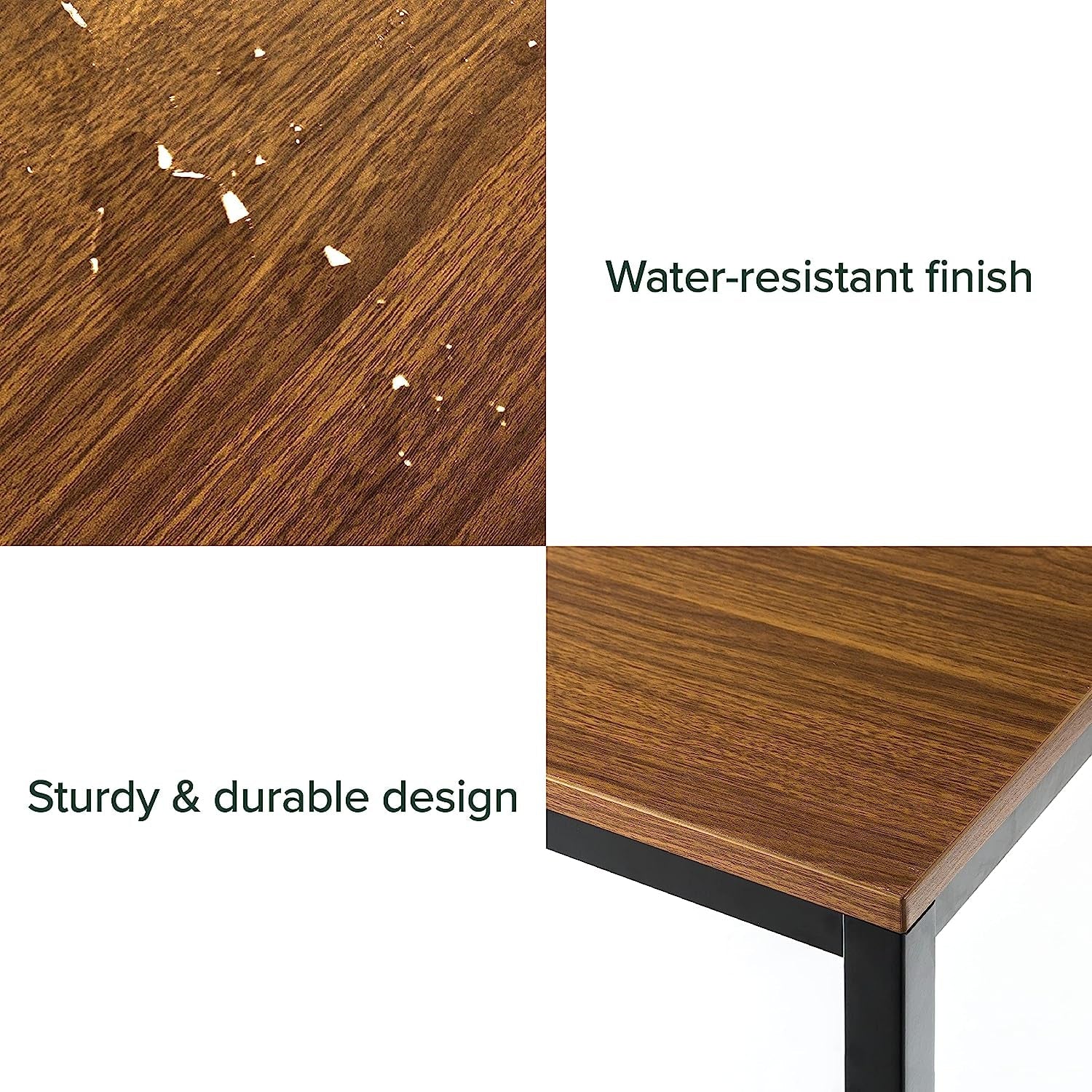Wooden surface with water-resistant finish and sturdy design features.