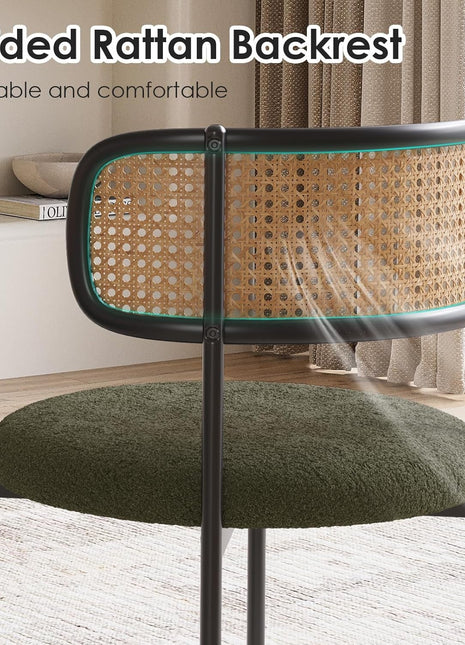 Kitchen Chairs Set of 2, Mid-Century Modern Dining Chairs,Kitchen Dining Room Chairs, Rattan Backrest round Upholstered Sherpa Dining Chairs(Green)-2