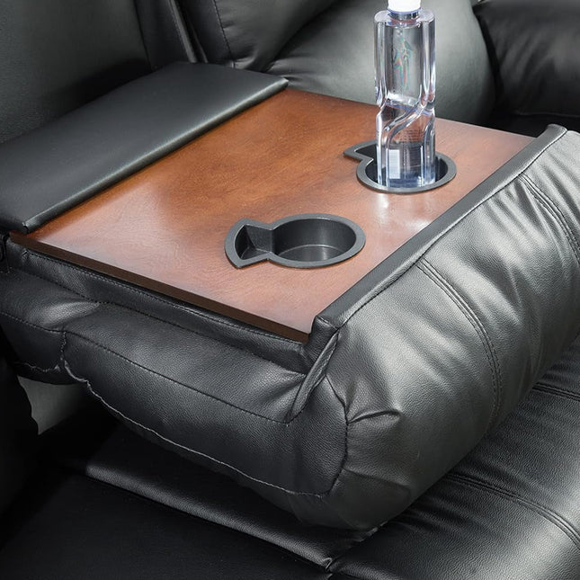 Black Vegan Leather 3-Seater Reclining Sofa Table, Cup Holders-2