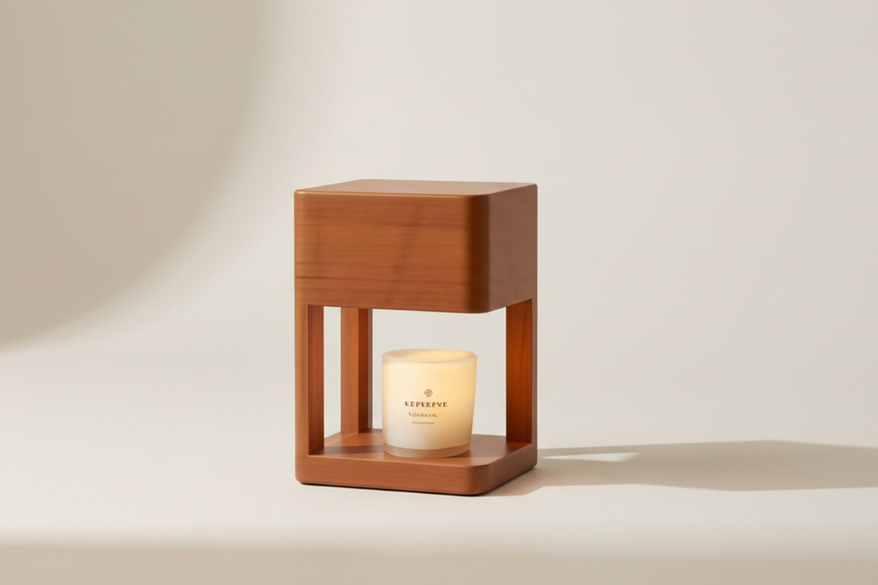 Wooden lantern with a lit candle inside on a neutral background