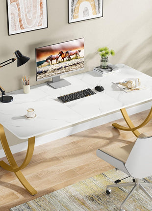 Executive Desk, 63” W X 31.5” D Large Office Desk, Modern Computer Desk Conference Table Meeting Room Table, Business Furniture for Home Office, White and Gold-2