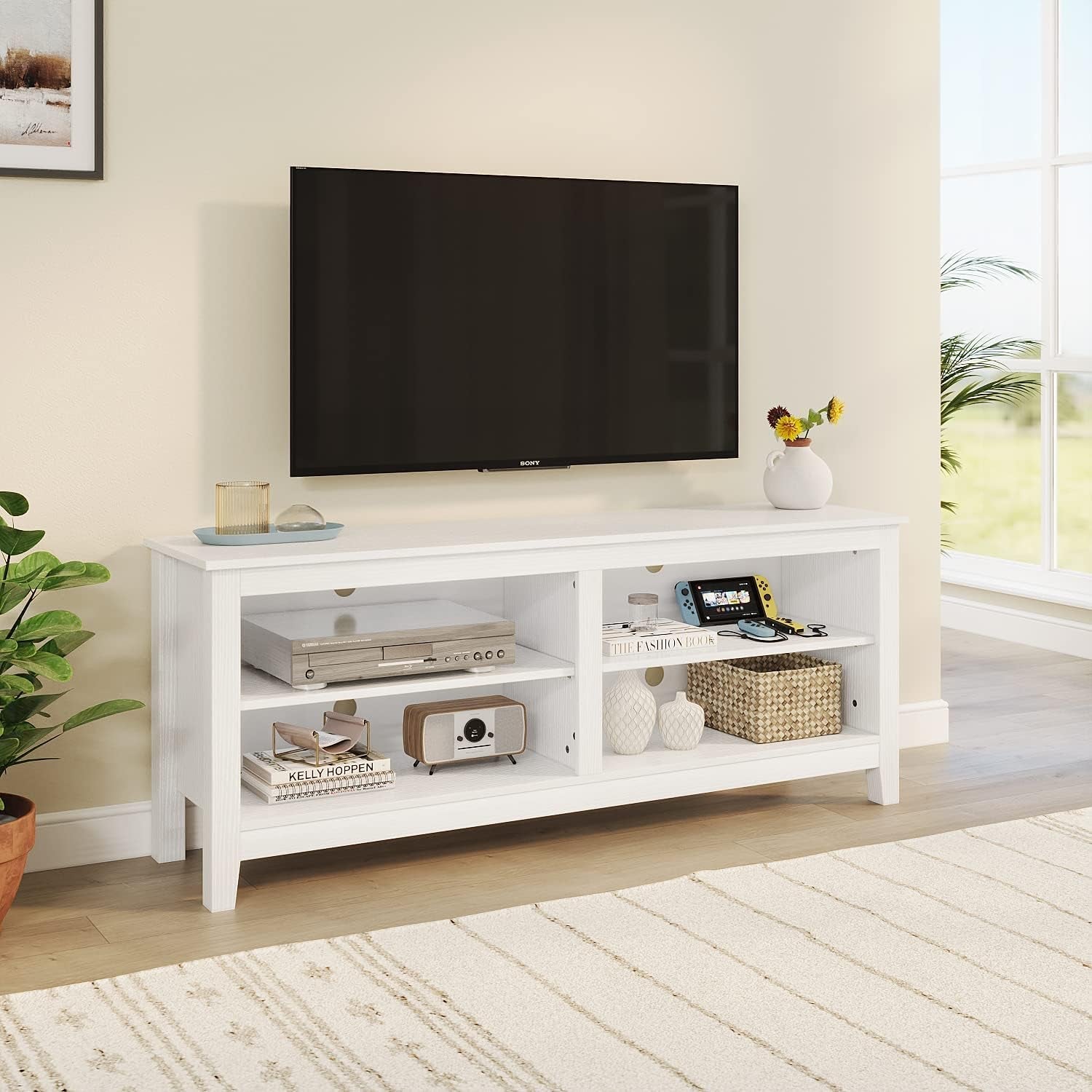 White Four Cubby TV Stand For 60 Inch TV With Open Storage