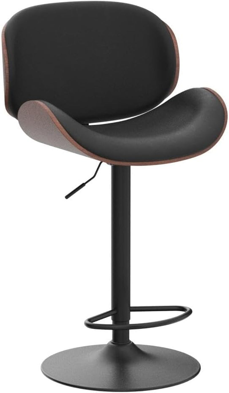 Black bar stool with brown accents on a white background