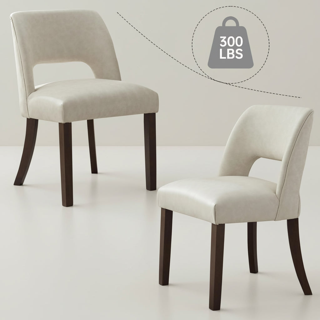 Two beige chairs with dark wooden legs on a white background, featuring a weight capacity indicator.