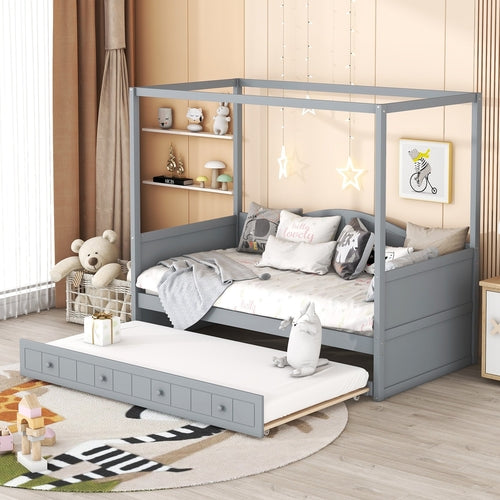 Twin Size Canopy Day Bed with Twin Size Trundle and Underbed Storage