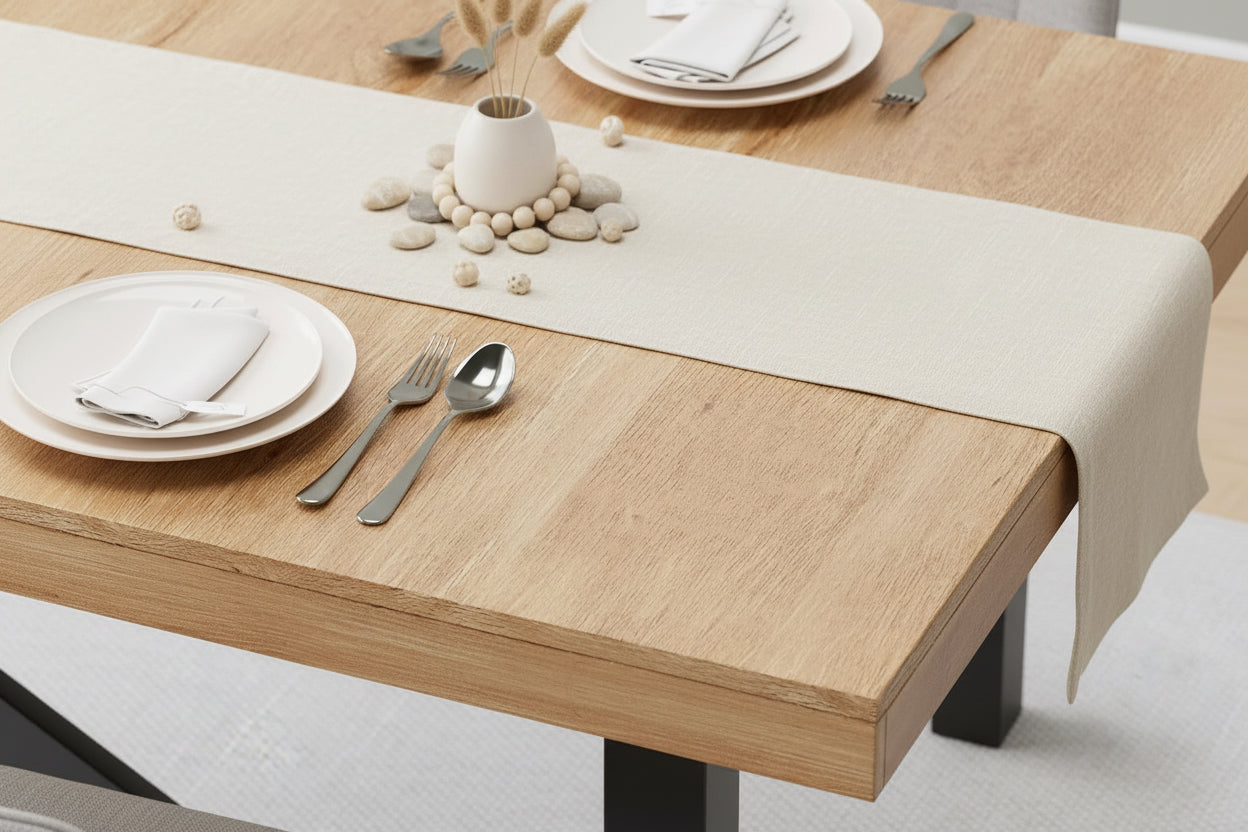 Wooden dining table with plates, forks, and spoons on a white background