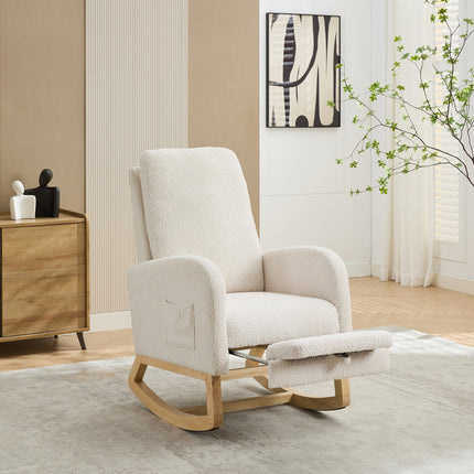 25.4'W Ivory Rocking Chair for Nursery, High Back Glider with Retractable Footrest, Boucle Upholstery, Rubber Wood Legs-1