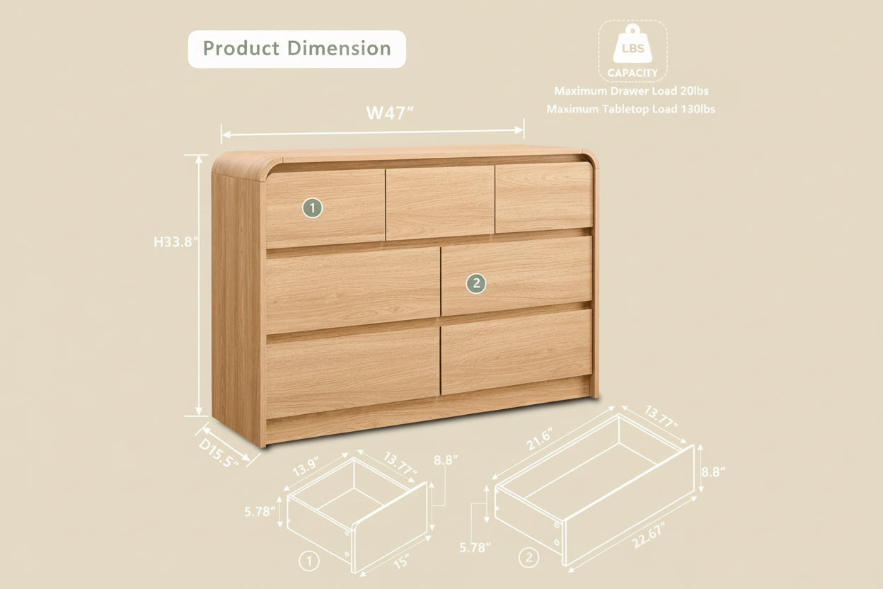 Wooden dresser with dimensions and capacity details on a green background