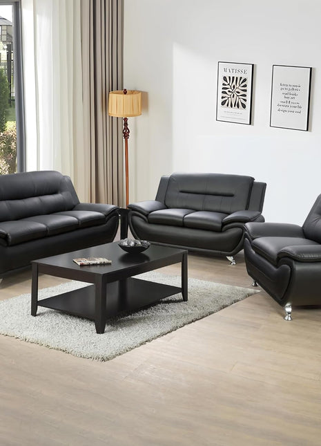 3 Piece Living Room Couch Set, Faux Leather Sofa Set, Modern Sofa Couch Set Living Room Furniture (Sofa+Loveseat+Chair, Black)-0