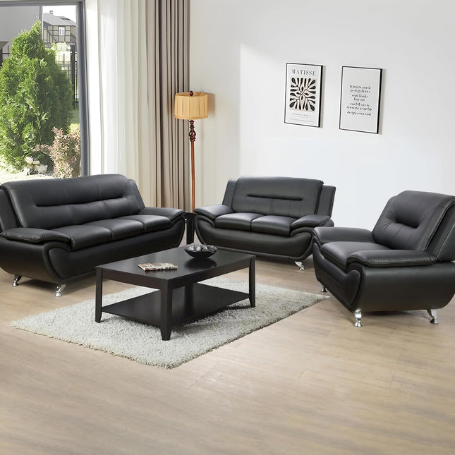 3 Piece Living Room Couch Set, Faux Leather Sofa Set, Modern Sofa Couch Set Living Room Furniture (Sofa+Loveseat+Chair, Black)-0