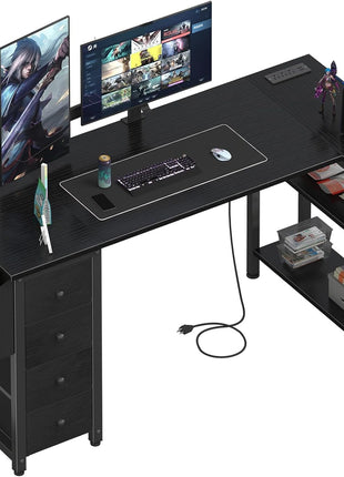 L Shaped Gaming Desk with Drawers & Storage Shelves, 55 Inch Corner Computer Desk with Power Outlet for Home Office Bedroom, L-Shaped Teen PC Desks with Fabric Drawer, Black-0