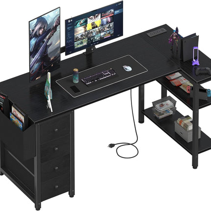 L Shaped Gaming Desk with Drawers & Storage Shelves, 55 Inch Corner Computer Desk with Power Outlet for Home Office Bedroom, L-Shaped Teen PC Desks with Fabric Drawer, Black-0