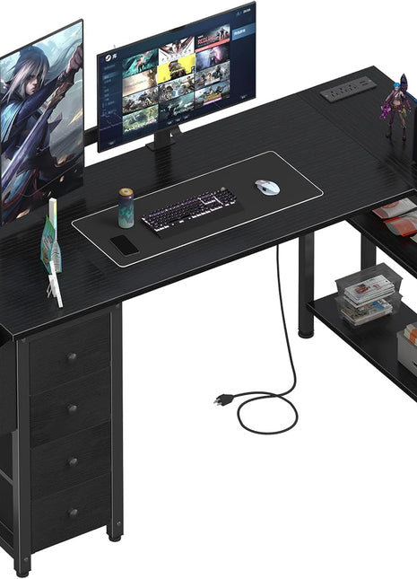 L Shaped Gaming Desk with Drawers & Storage Shelves, 55 Inch Corner Computer Desk with Power Outlet for Home Office Bedroom, L-Shaped Teen PC Desks with Fabric Drawer, Black-0