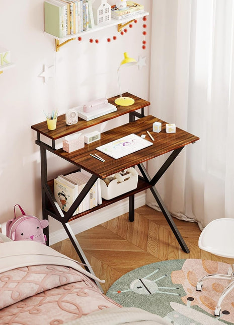 Small Desk, 27.5 Inch Small Computer Desk for Small Spaces, Compact Desk with Storage, Tiny Desk Study Desk with Monitor Stand for Home Office, Espresso-3