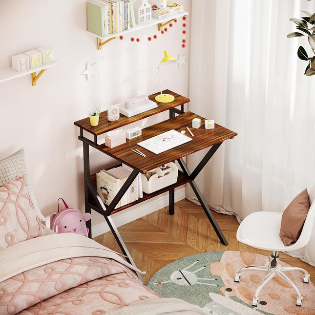 Small Desk, 27.5 Inch Small Computer Desk for Small Spaces, Compact Desk with Storage, Tiny Desk Study Desk with Monitor Stand for Home Office, Espresso-3