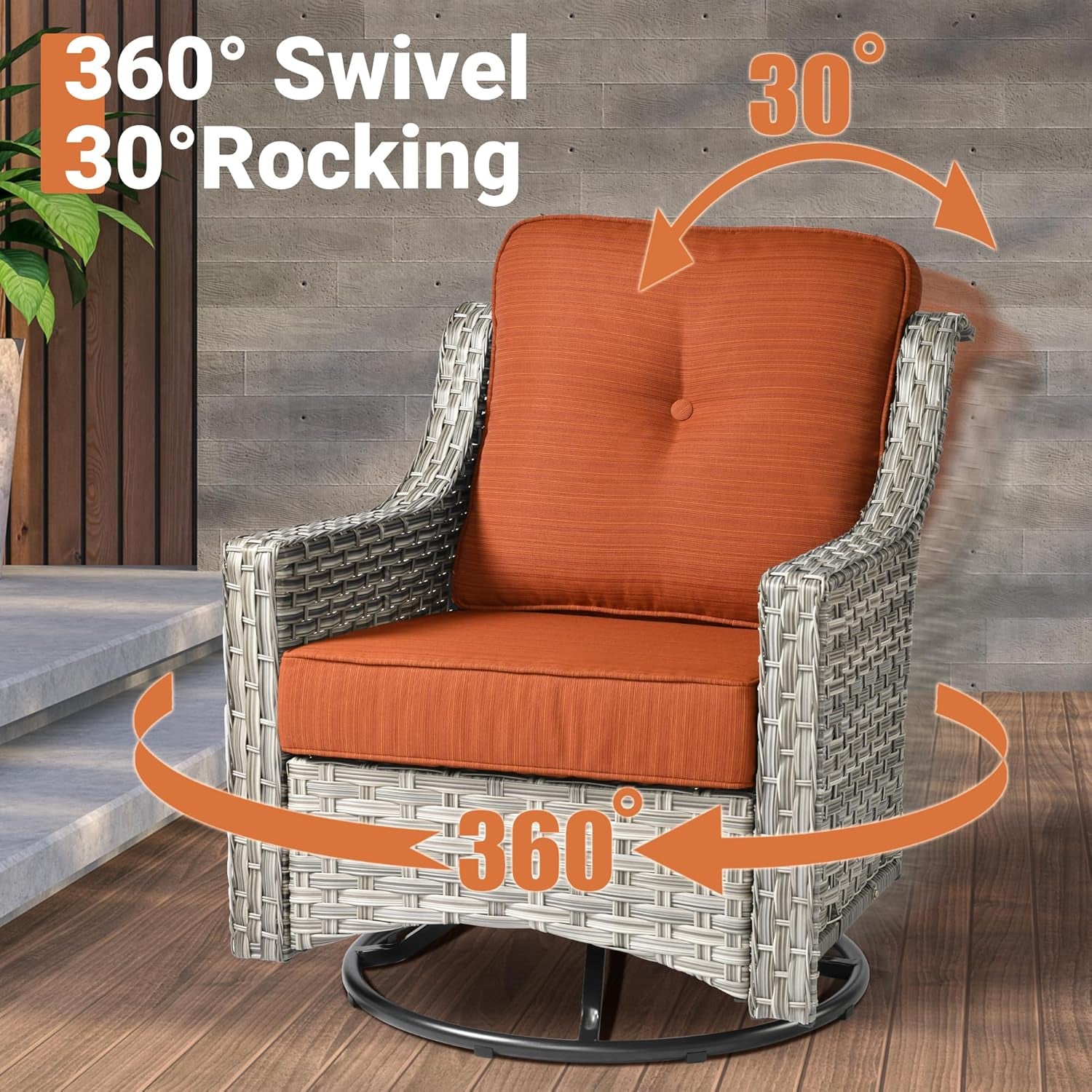 Outdoor chair with orange cushion and wicker frame, featuring 360-degree swivel and 30-degree rocking capabilities.