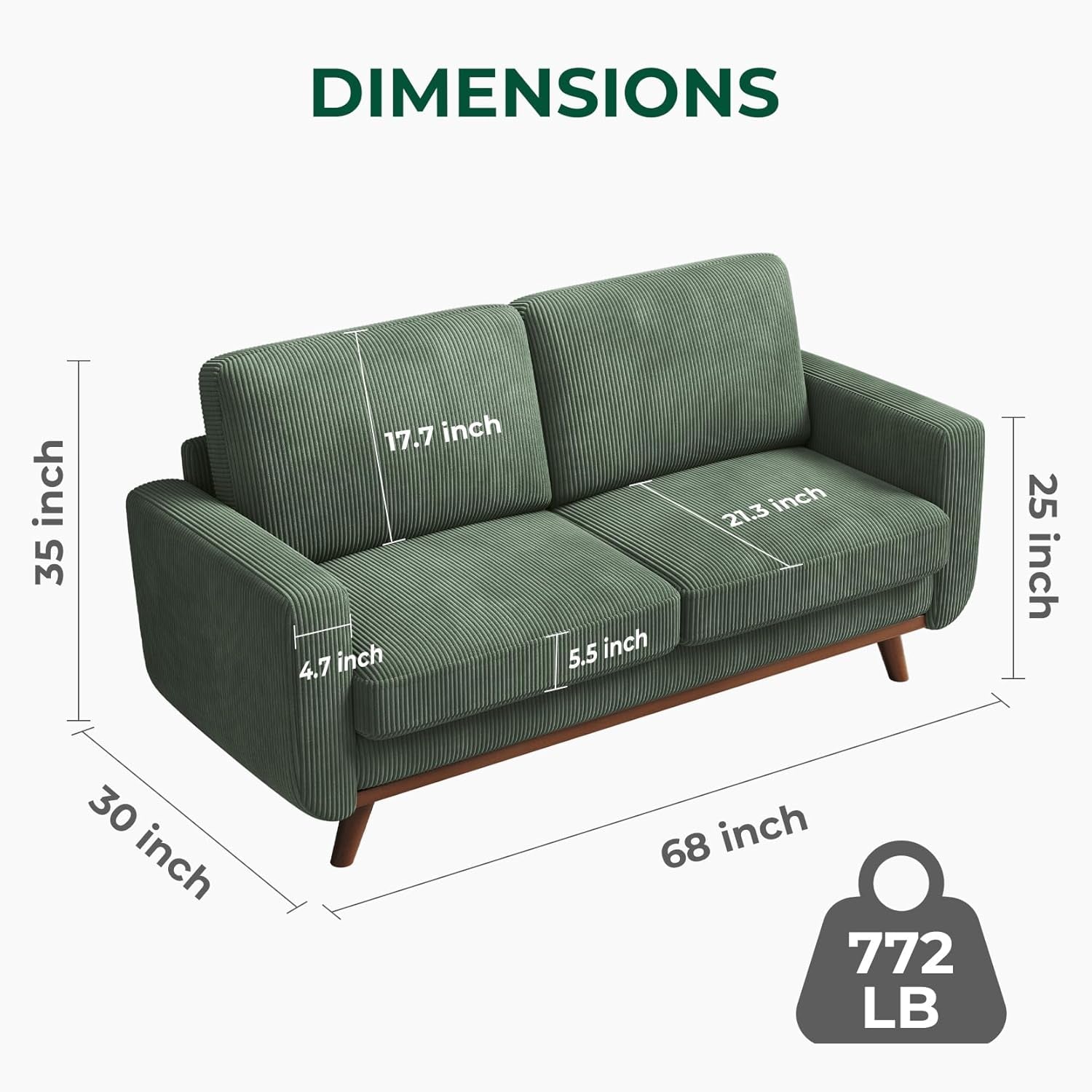 Green sofa with dimensions labeled on a white background