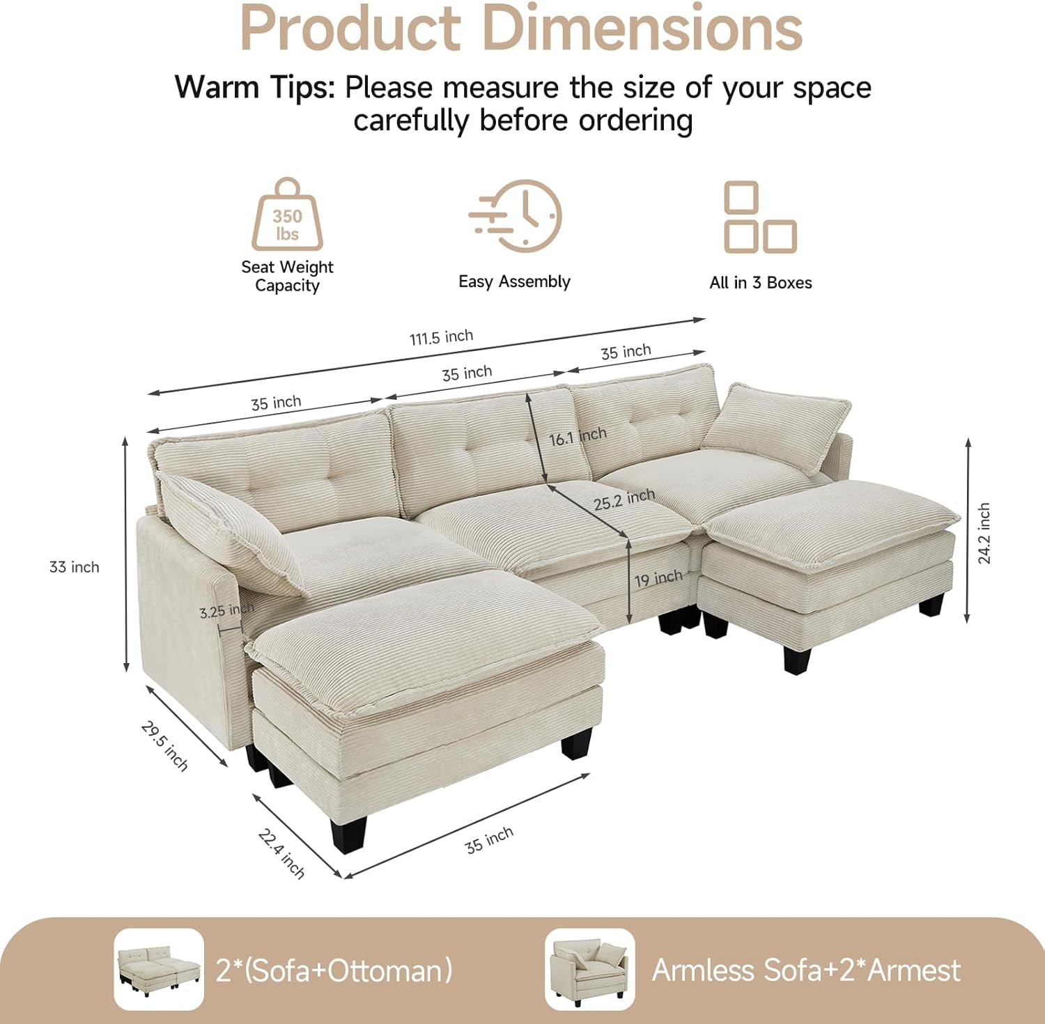 Comfy Modular Sectional Sofa With Movable Ottomans-1