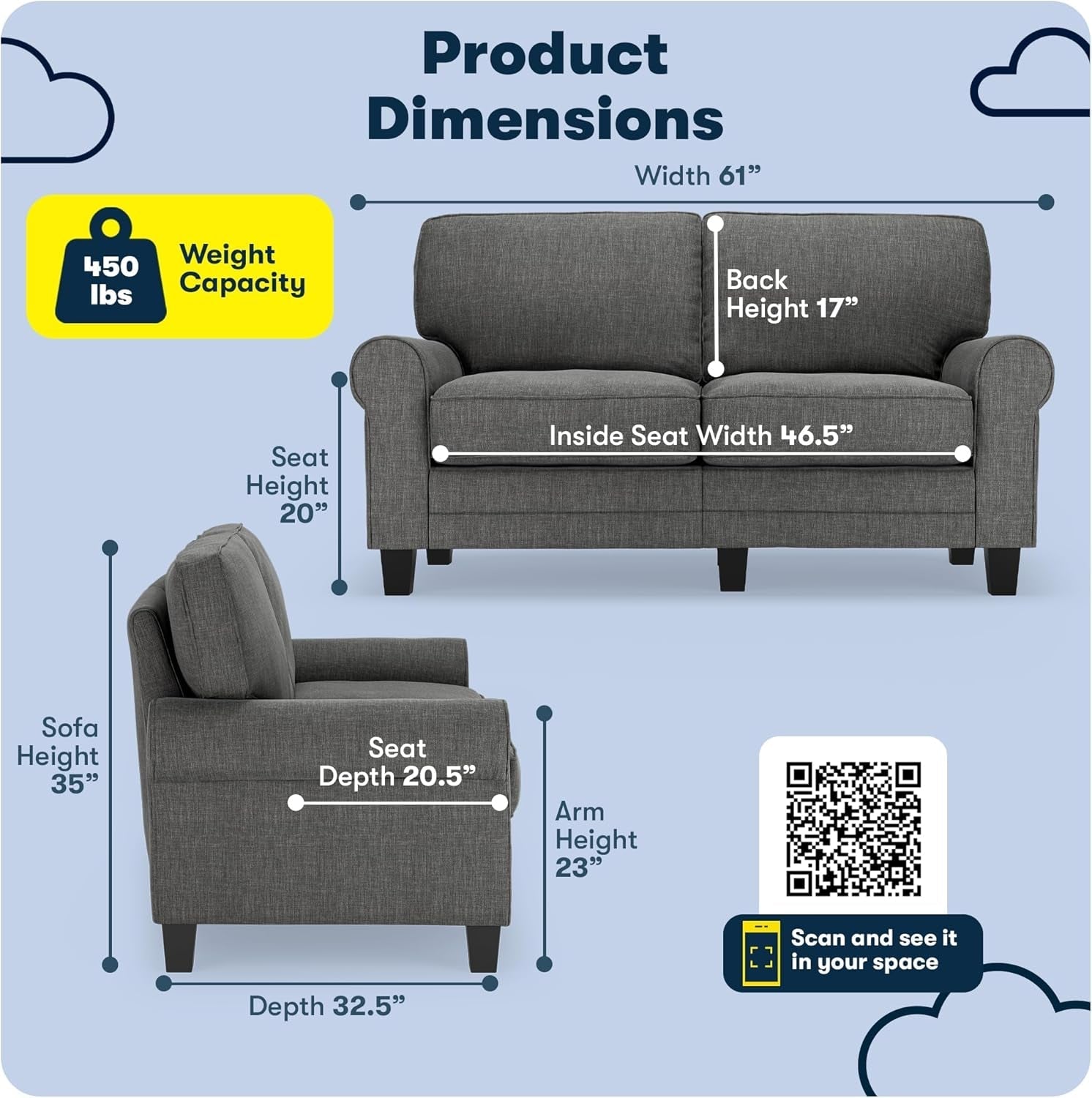 Compact Rolled Arm Sofa with Soft Pillow Back-1