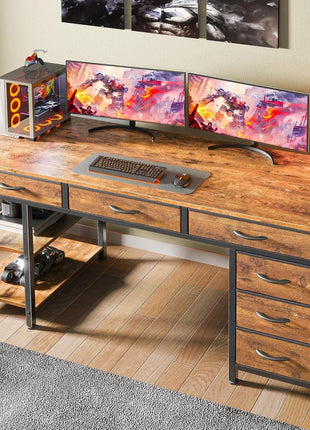 Computer Desk with 6 Drawers, 54 Inch Office Desk with Shelves, Reversible Gaming Desk, Corner Desk with Storage, Work for Home Office, Study, Living Room, Rustic Brown-1